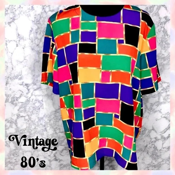 ⭐️ Kathy Che 80s Color Block Geometric Lightweight Boxy Blouse Women’s Large - Picture 7 of 8